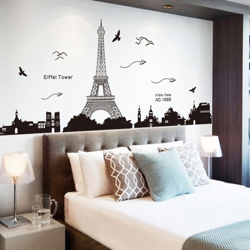 185*70cm Zwart Parijs Tower City Silhouet Muurstickers DIY Slaapkamer Woonkamer Grens Decoratie Behang Decals