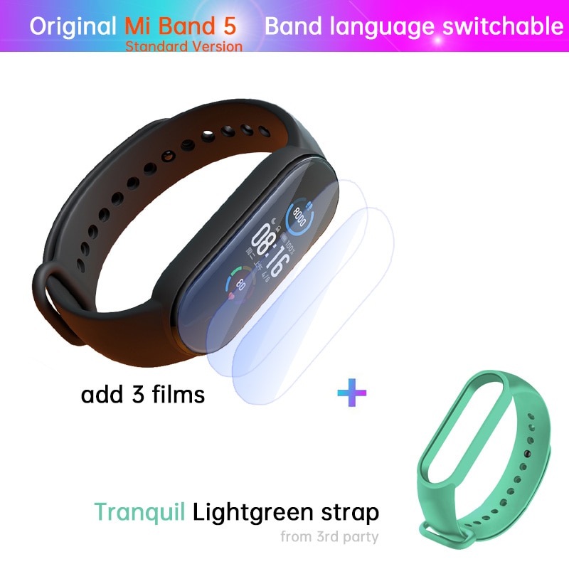 Xiaomi-Pulsera Mi Band 5 de fitness, reloj con monitor deportivo del ritmo cardíaco las 24 horas, carga magnética, sueño REM, siesta, pasos, natación, alarma de recordatorio,: STD n film l green