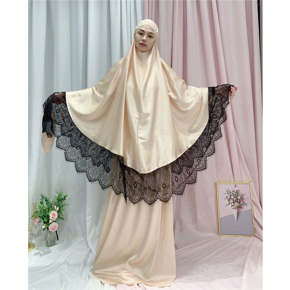 Ramadan kvinnor 2 delar muslimsk bönset khimar abaya overhead hijab+kjol heltäckande islam kläder mellanöstern gudstjänst: 036 01 beige