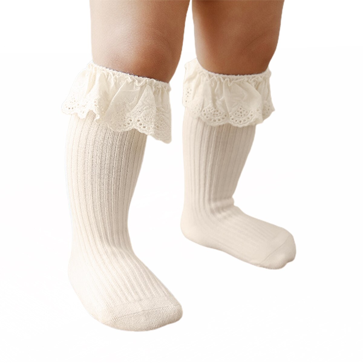 Calcetines de encaje de princesa para bebé y niña, medias de punto acanalado de Color sólido antideslizantes de tubo medio, calcetines de chico puños dados vuelta con volantes para el suelo