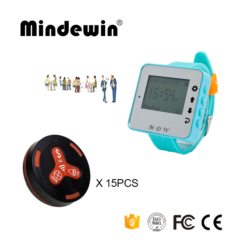 Mindewin 433MHz Draadloos Oproepsysteem 15PCS Tafel Belknop M-K-3 + 1 STUKS Horloge Pager M-W-1 Reataurant Draadloze pager Systeem: Black red