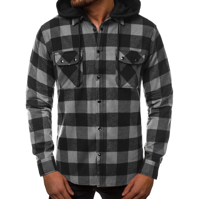 Puimentiua skjorta herr vårrutiga skjortor huva ytterkläder långärmad casual manlig chemise homme eu storlek: Grå / Eu storlek l