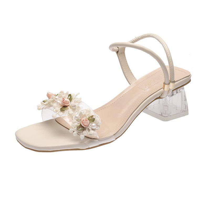 Søde blomster klare hæle hjemmesko sandaler kvinder gennemsigtige firkantede hæle sandaler sommer pvc hjemmesko med åben tå kvinder: Beige / 39