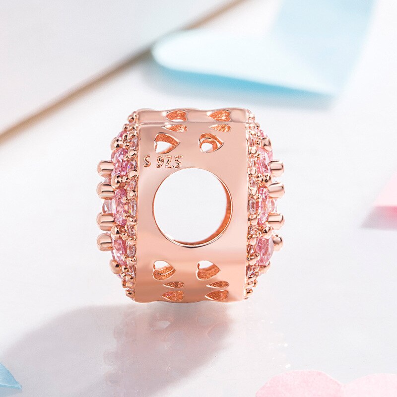 Äkta 925 sterling silver berlock roséguld rosa gnistrande blomma med kristallpärlor passar pan armband & halsband gör-det-själv smycken