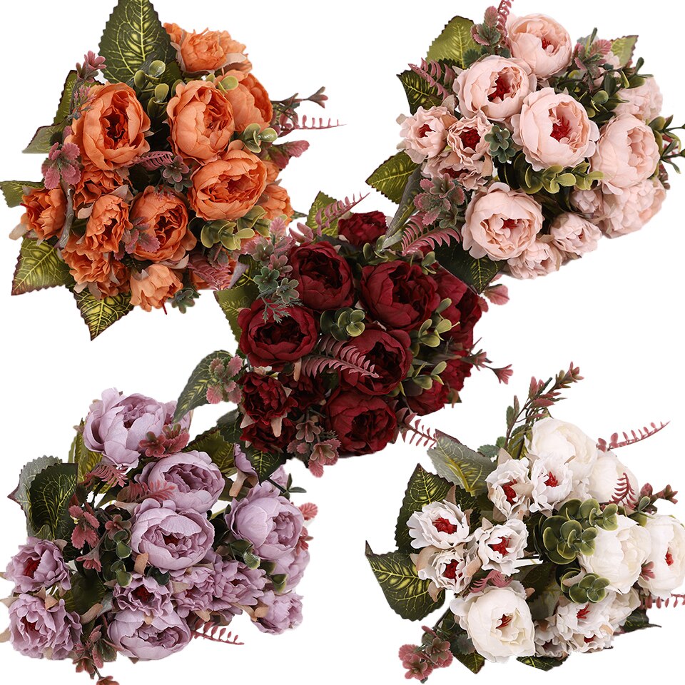 1 bukett kunstig mini peon blomster bukett 9 hoder peon blomster til hjemmet bord vise bryllup diy dekorasjon blomster