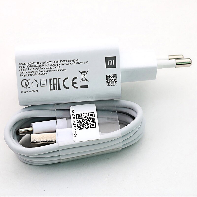 Xiaomi MDY-10-EF Mi 9SE Quick Charger USB EU Plug 18W Adapter Type C Cable For Mi Note 10 Lite Redmi 10X 10 Ultra Note 9 9s 9A