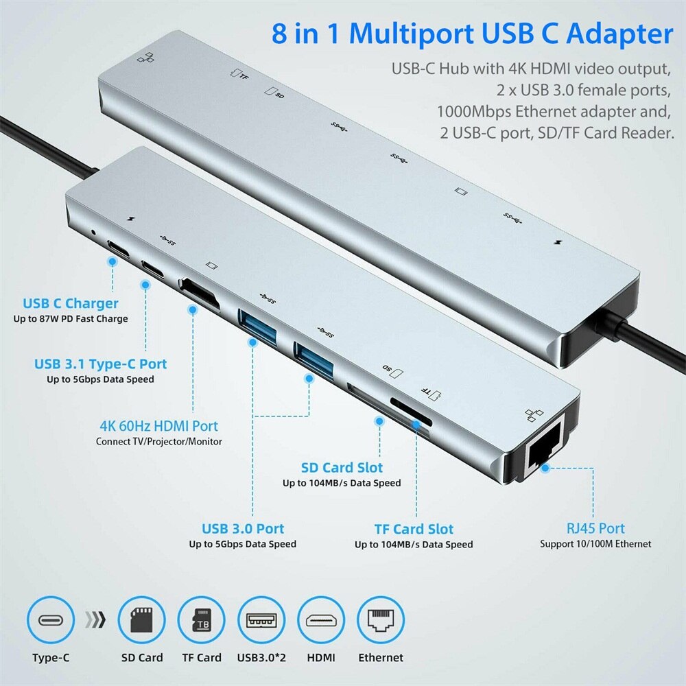 8in1 Multipoort Usb 3.0 Type C Naar USB-C Hub 4K Hdmi-Compatibel Adapter 87W Pd Snelle poort Opladen Kabel Converter Voor Macbook