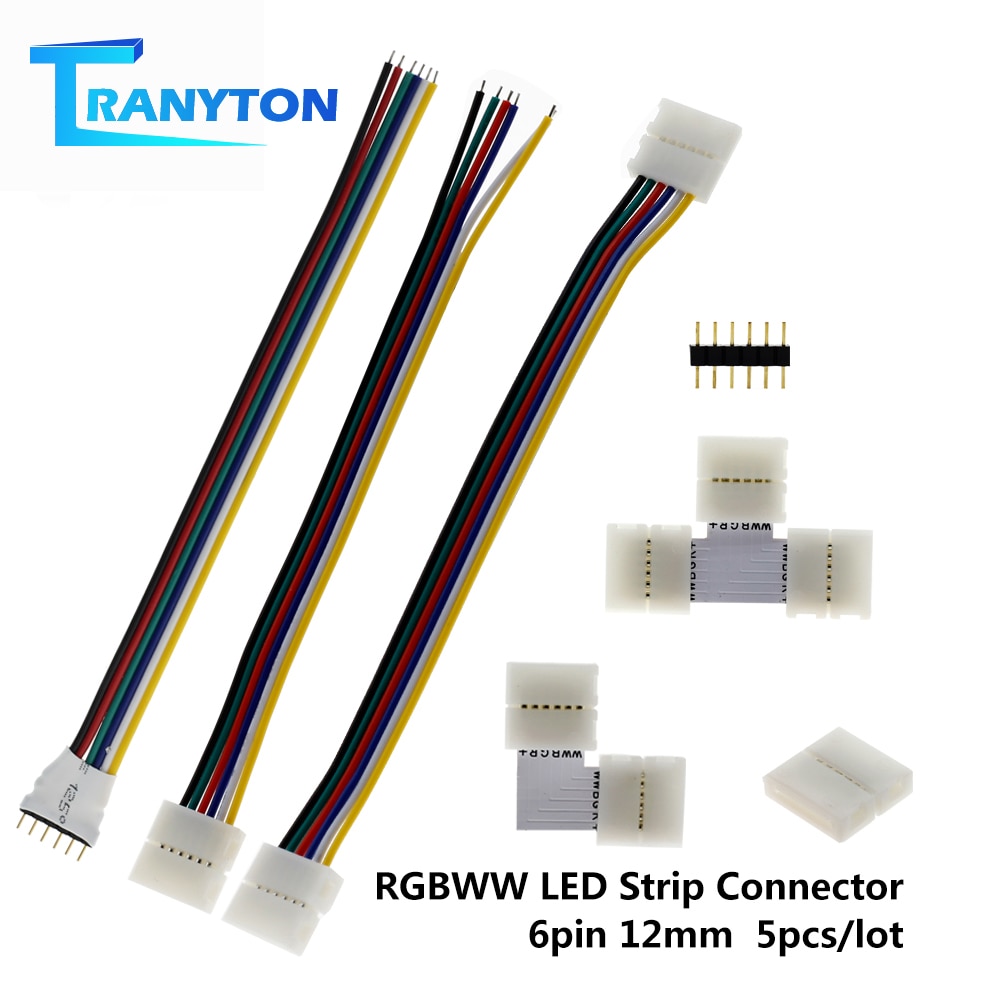 6Pin 12 Mm Led Strip Connector Voor Rgbww Led Strip Lassen Connector 5 Stks/partij L/T Vorm