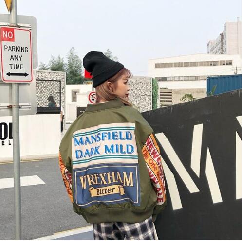 Forårsjakke kvinder vindjakke frakke patch designs harajuku løs bomber streetwear afslappet basisfrakke oversize kort jakke: Militærgrøn / Xl