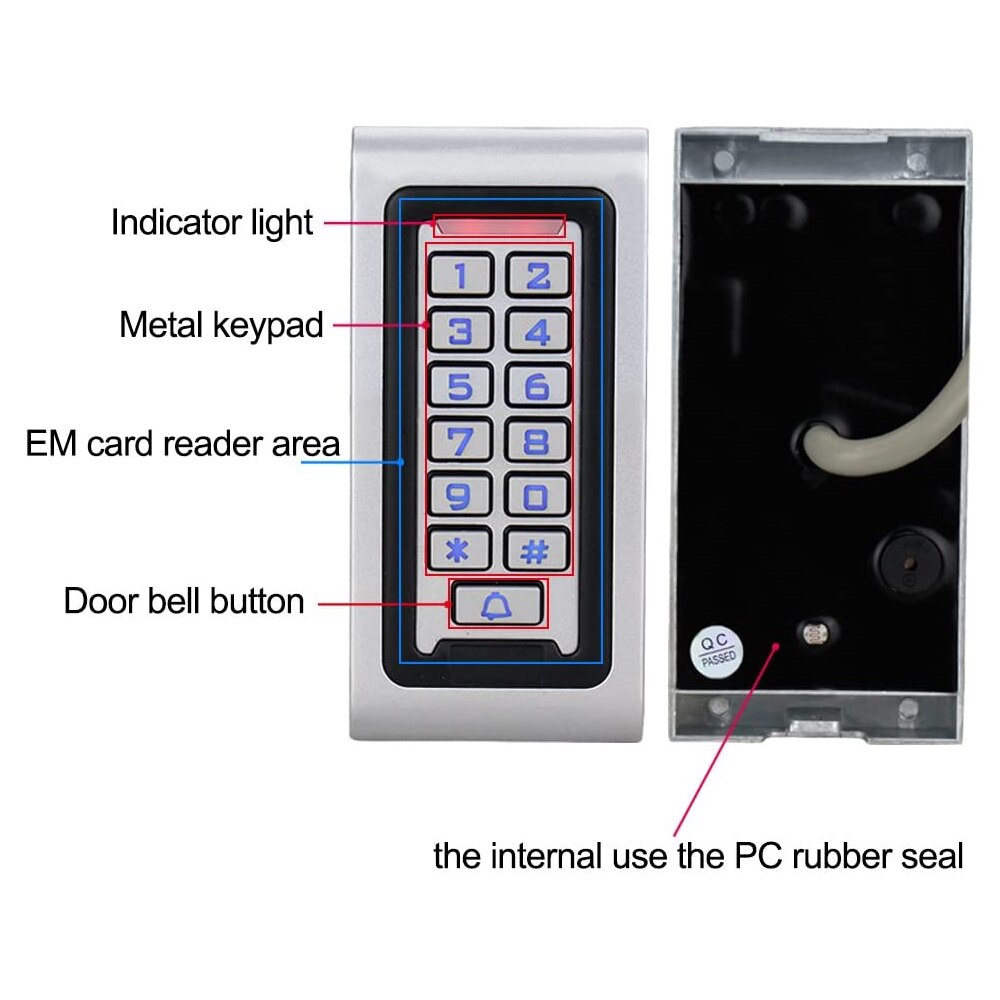IP68 Waterproof RFID Access Control Keypad Metal Card Reader + 10pcs 125KHz Proximity Keychains WG26 2000 Users for Home/Office