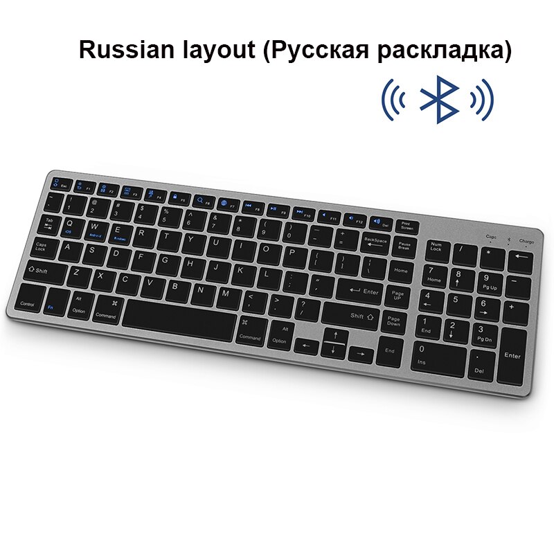 Jelly Comb-teclado inalámbrico Bluetooth delgado para tableta, portátil, Smartphone, iPad, teclado inalámbrico recargable con tecla numérica: Black Russian layout