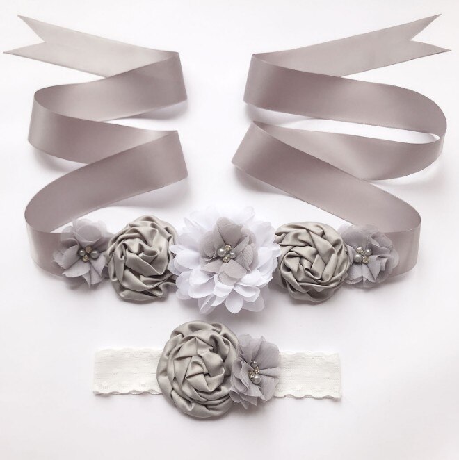 Boda de cinturón faja Floral cinturones de vestido para mujer de la boda de novia de flor Flor de cinta de raso cinturón con diadema bebé: Gris