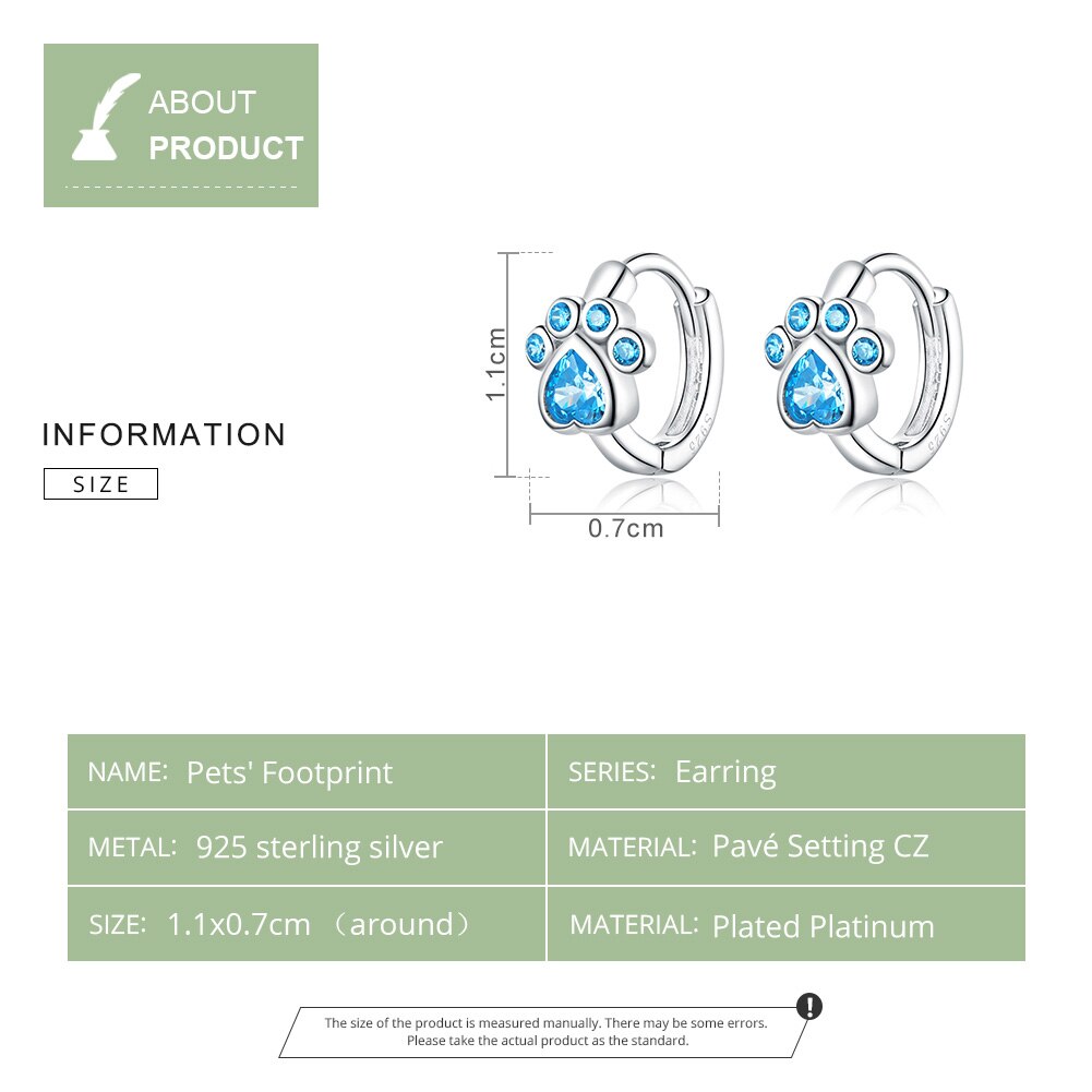 WOSTU Dog Paw Footprint Hoop Earrings 100% 925 Sterling Silver Blue Zircon Wedding Engagement Earrings For Women Jewelry CQE670