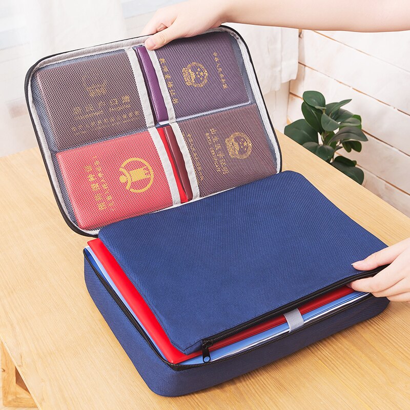Dokumentopbevaringspose familie stor kapacitet filregning dokument sorteringspose klud vandtæt stødsikker taske med adgangskodelås: Blå