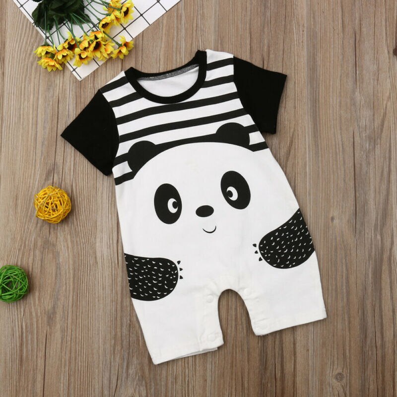 Pasgeboren baby katoen rompertjes mooie Cartoon Panda Print baby boy meisjes korte mouw Jumpsuits Baby Kleding