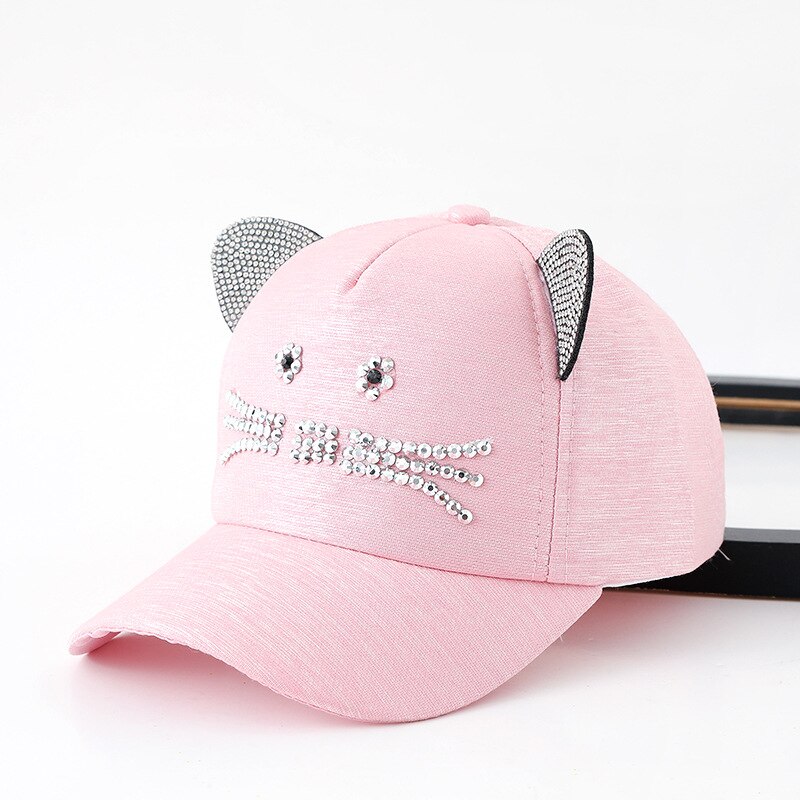 Söpö kissa korva lasten baseball-lippis strassit sarjakuva kesätytöt snapback-lippis säädettävä lasten aurinkohattu: Vaaleanpunainen