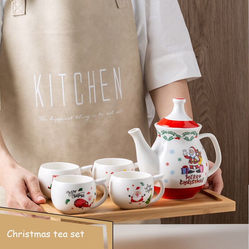 Weihnachten Serie Tee-einstellen Keramik Teekanne Wasser Tasse einstellen mit Tablett Santa Claus Tee-einstellen Tee Tasse einstellen Wohnzimmer haushalt Getränk