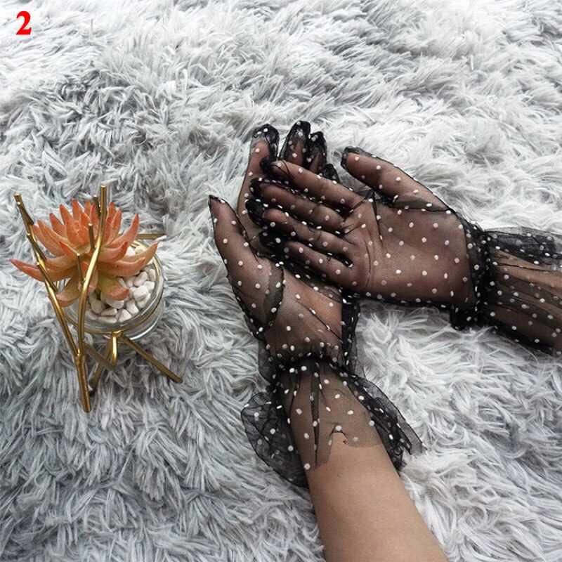 Gants en Tulle à pois noirs, 1 paire, en dentelle, maille, gaze, Ultra fins, transparents, pour fête, robe complète, mitaines: 2