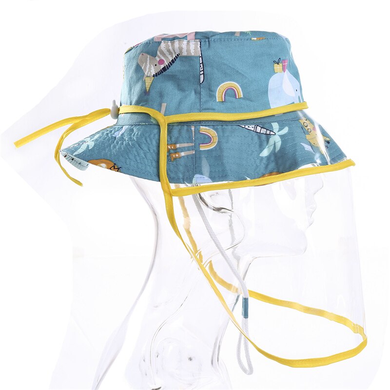 Trend Kids Protective Waterproof Bucket Hat Floral Cartoon Print Fisherman Cap with Removable Full Face Shield