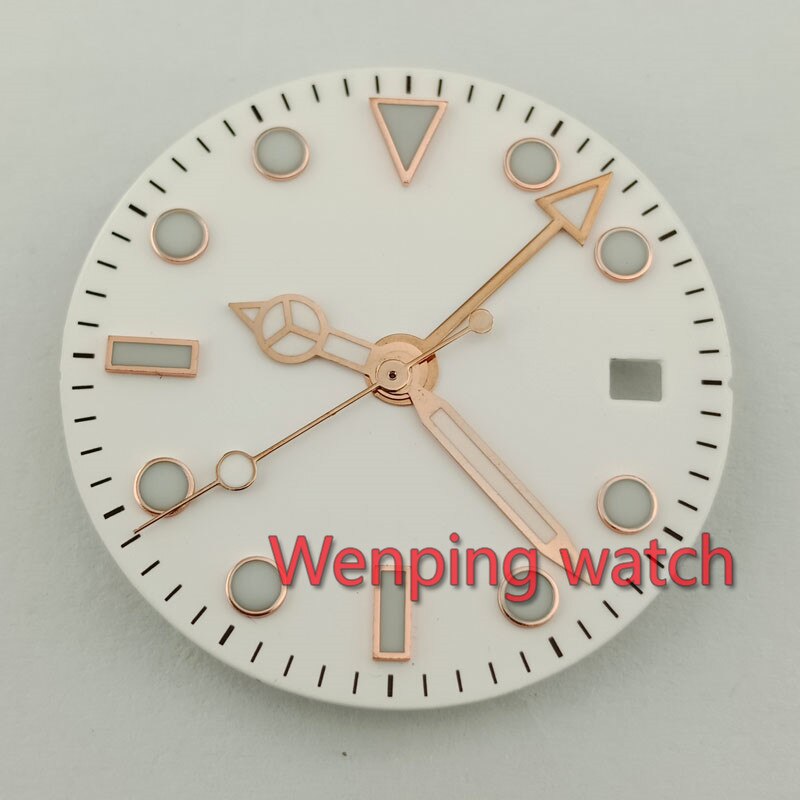 28.5MM white Sterile Watch face + watch hands golden rose Gmt hand Fit mingzhu dg3804 movement P510(16)