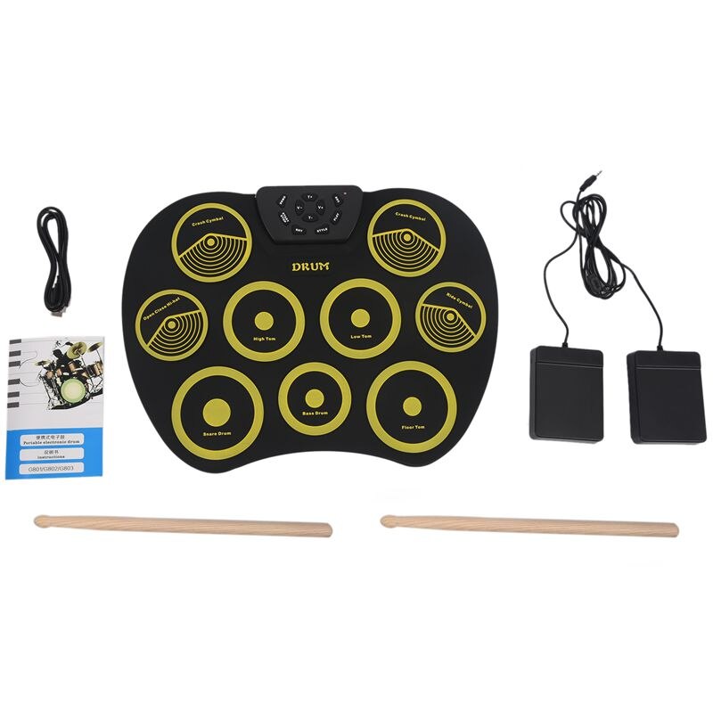 Portable Electronics Drum Set Roll Up Drum Kit 9 Silicone Pads USB Powered with Foot Pedals Drumsticks USB Cable