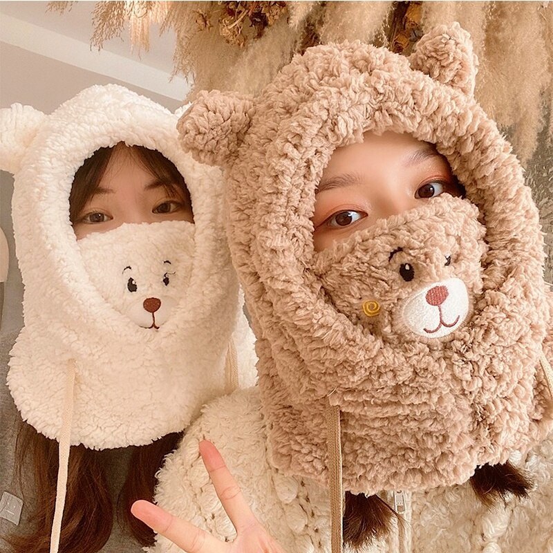 Vrouwen Kawaii Bear Ear Beanie Hoed Sjaal 2 in 1 - Leuke Winter Warm Sherpa Dikker Fleece Fuzzy Japanse Pluizige Gebreide Hoed Cap (Wit), Kleur: wit., 7-7 1/8
