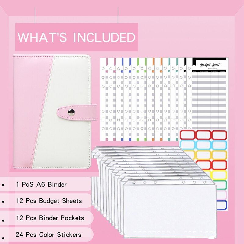 A6 Binder PU Leather Budget Planner Refillable 6 Round Rings Binder Cover Notebook Folder with Envelopes