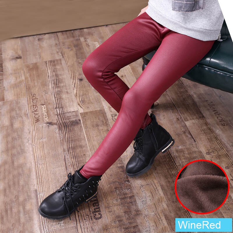 Imitert skinn vinter jenter leggings barn tykk fløyel legging baby barn bukser solid slank pjokk jente klær: Vinrød / 10t