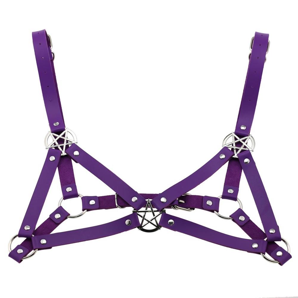 KMVEXO estilo Punk gótico Metal estrellas Bra cuerpo pecho collares para mujeres cuero arnés Anime collar calle joyería: Purple