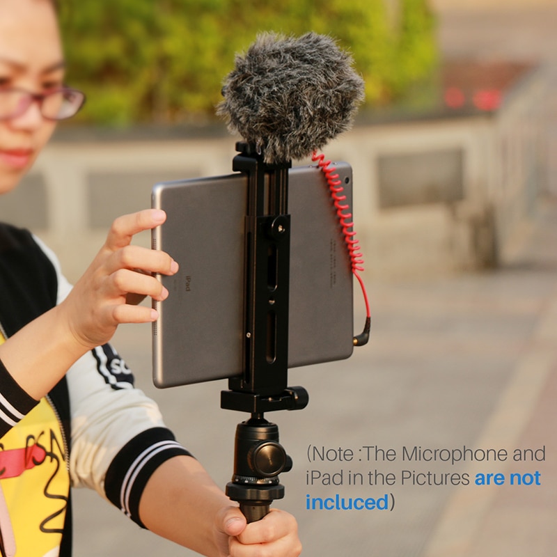 Aluminum Tablet Tripod Mount w/ Cold Shoe Mount Pad Clip Bracket Holder Stand 1/4 Screw for ipad Pro Mini Tablets Metal Clamp