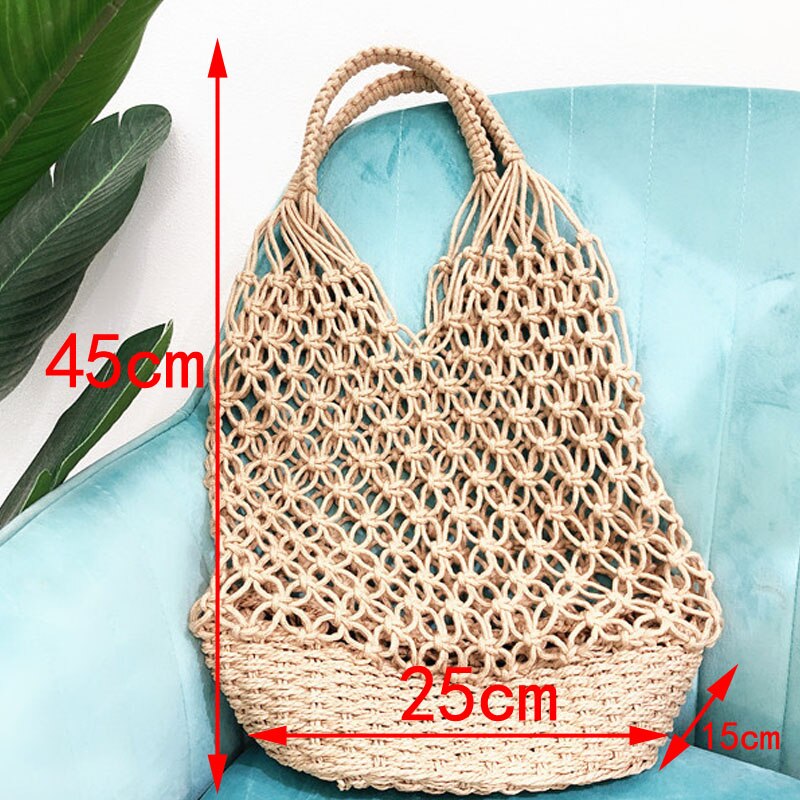 Frauen gewebte Gittergewebe Einkaufstasche Baumwolle Seil + stroh Weben Reticulate Hohl Stroh Tasche Netz Schulter Tasche Strand Taschen