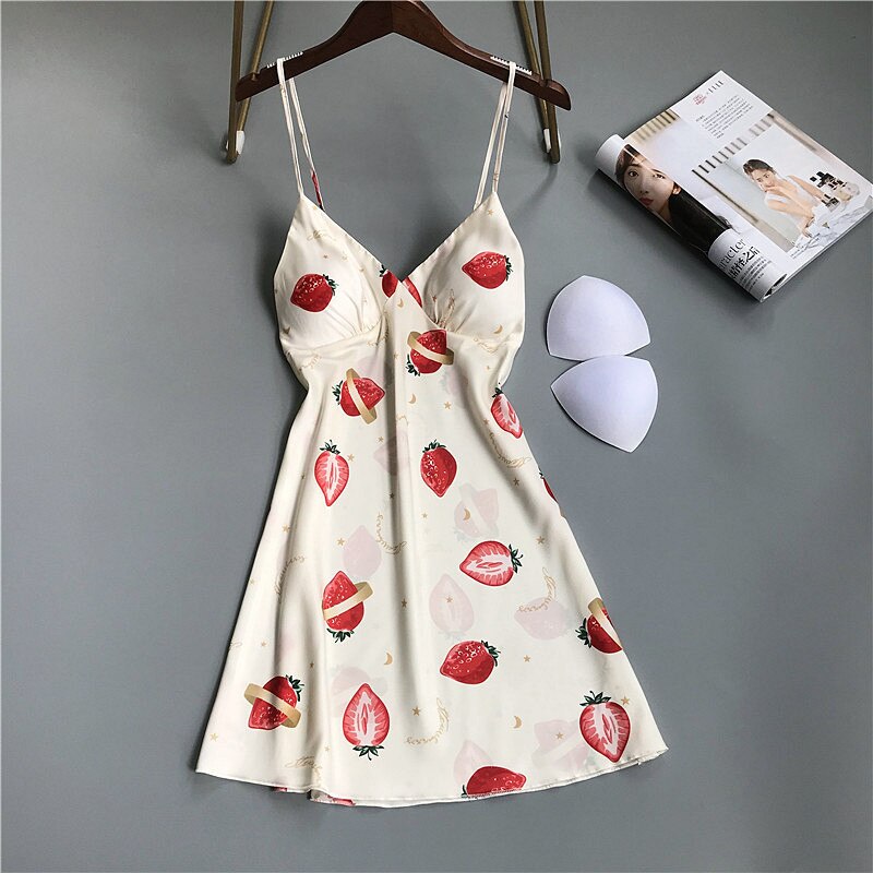 Printed Satin Women Nightgown Sexy Sleepwear Sleeveless Pyjamas with Chest Pad Girl Short Nightdress