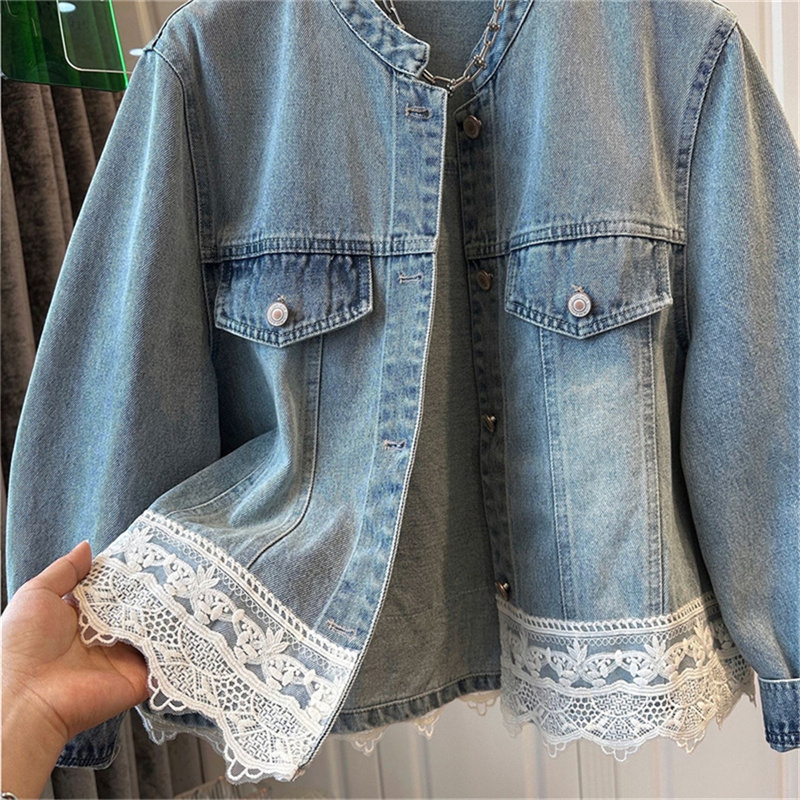 2022 Frühjahr neue Rundhalsausschnitt Saum Nähte Spitze Denim Mantel Bluse verlieren lässige oben