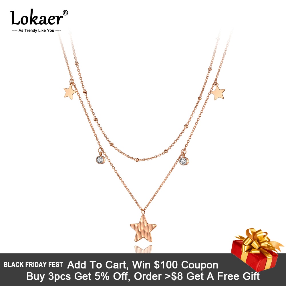 Lokaer Original Double Layer Star Pendant Necklace For Women Stainless Steel CZ Crystal Chain Choker Necklace N20130