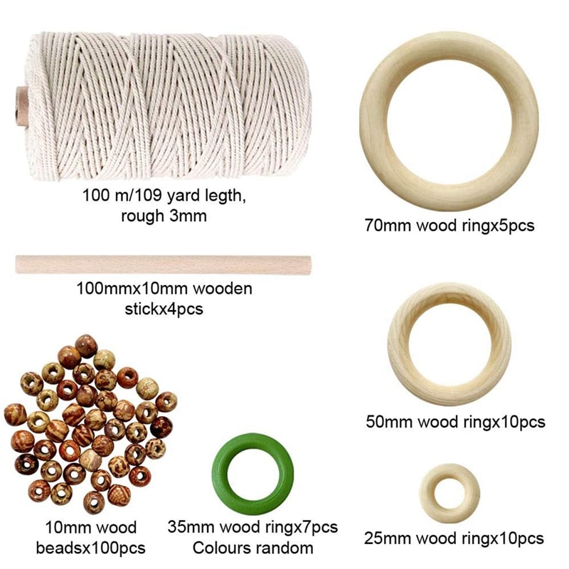 Macrame ledning macrame tau med treperler tre ringe og trepinne til diy tapet vegg hengende håndverk drømfangere