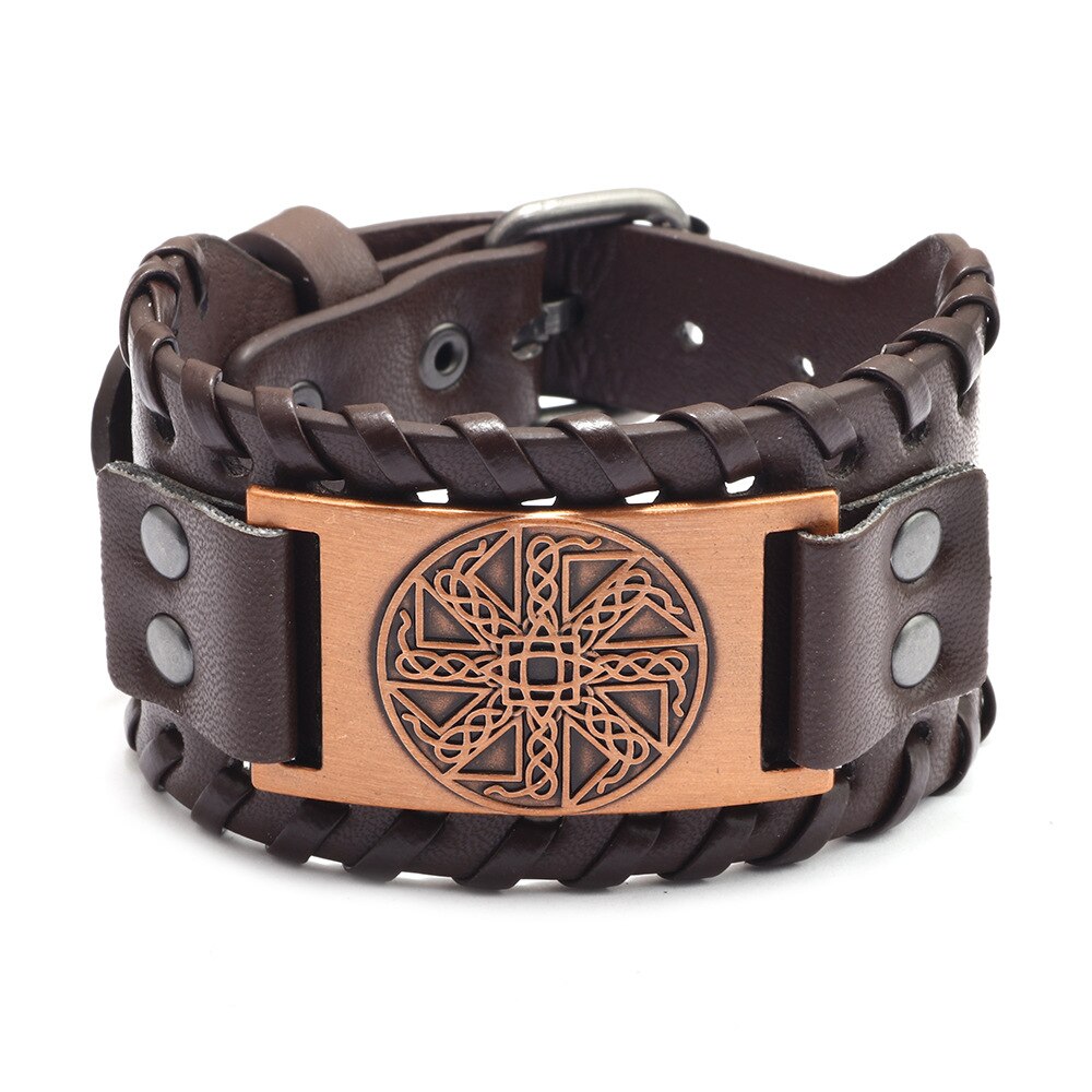 Pulsera de piel con brújula pirata para hombre, de tótem ancho, joyería vikinga celta, accesorios de pulsera, de: Chapado en zinc blanco y azul