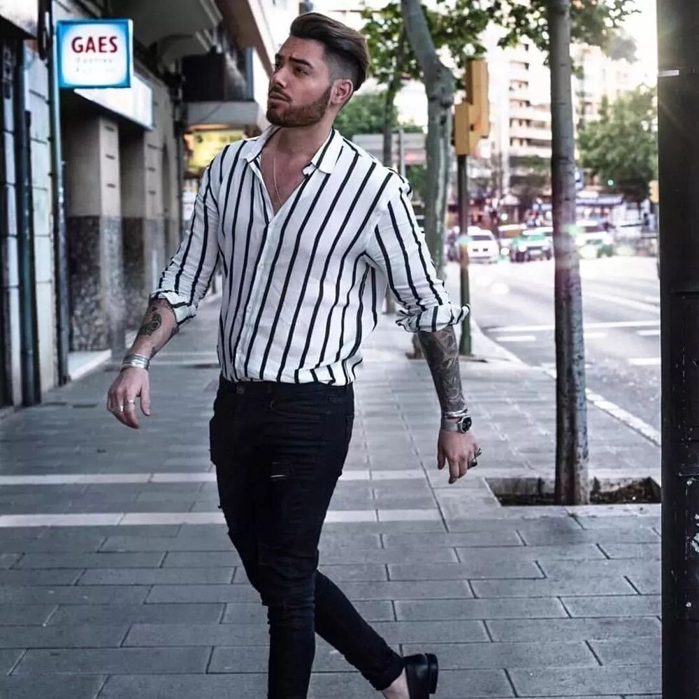 Randiga skjortor för män casual långärmade toppar lös casual blus pojke lyx stilig sport casual klänning lös blus  j05
