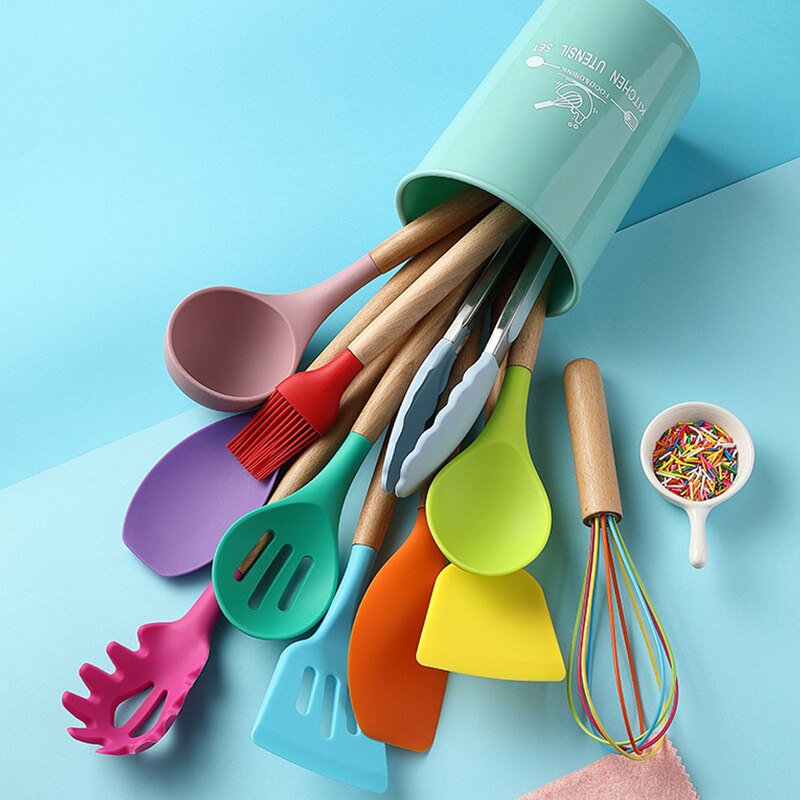 12/11PCS White Silicone Kitchenware Cooking Utensils Set Heat resistant Non-Stick Pan Cooking Spatula Spoon Wooden Handle: Colorful 2