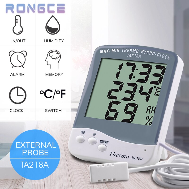 Digital LCD Indoor Outdoor Thermometer Hygrometer C/F Home Temperature Humidity Meter Clock External Probe Sensor Cable
