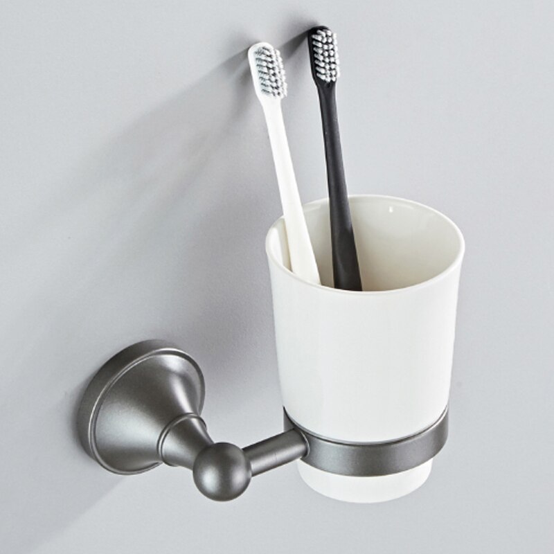 Grey Bathroom Hardware Set Brass Wall Mouted Toilet Brush Holder WC Paper Towel Roll Rack Soap Dish Bath Accessories Equipment: Cup Holder