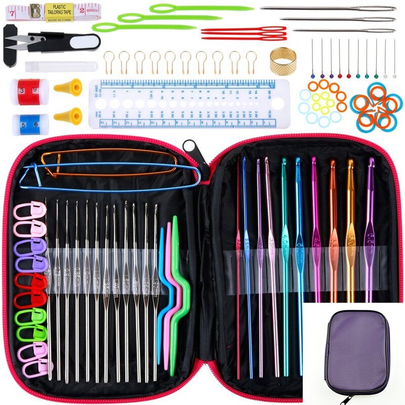 Premium Crochet Hooks Set With Case 35 Styles Knitting Needles Set DIY Needle Arts Craft Scissors Stitch Markers Sewing Tools: CK043 Purple