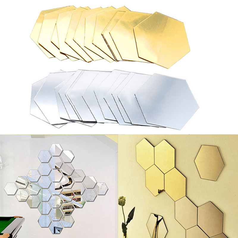 12 Stuks 3D Spiegel Hexagon Vinyl Verwijderbare Muursticker Sticker Home Decor Art Diy Pld