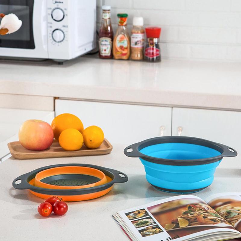Foldable Silicone Colander Fruit Vegetable Washing Basket Strainer Drain Kitchen Gadget Tool Collapsible Drainer With Handle