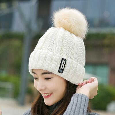 Neck warm Balaclava knitted winter hat Big Fur pom poms ball Knitted hats scarf set women Beanie Hat thick Skullies female cap: white hat