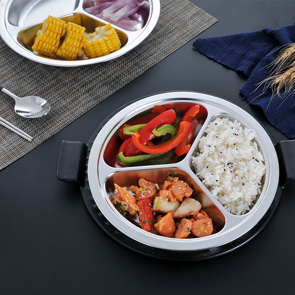 Stainless Steel Round Divided Plates Storage Trays 3 Sections Food Plate Divided Dinner Plate for Kids, Camping, Lunch, Dinner