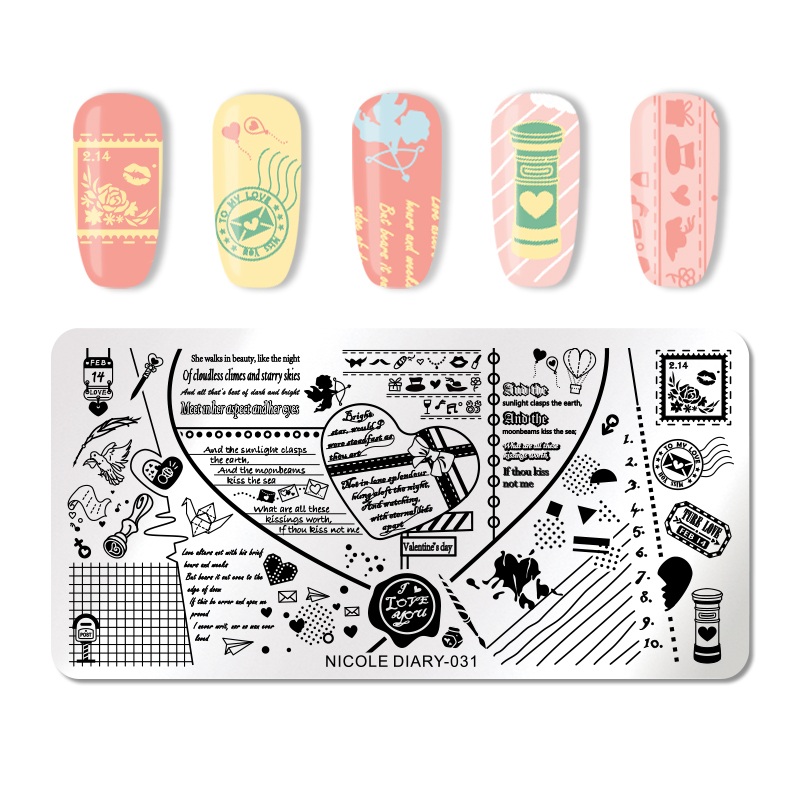 Nicole Dagboek Valentijnsdag Nail Stempelen Plaat Rechthoek Ronde Nail Art Stamp Image Template Diy Nail Plate Print Stencil