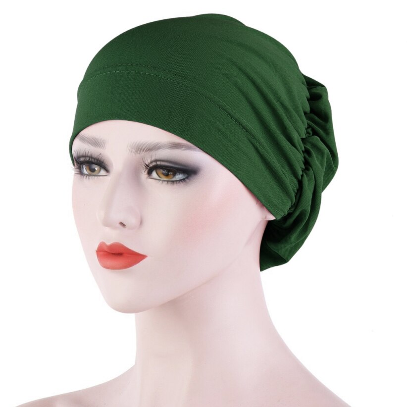 Vrouwen haaruitval sjaal elastisch dame kanker chemo pet moslim tulband hoed arab hoofddoek muts hoofddeksels skullies effen kleur: Donkergroen