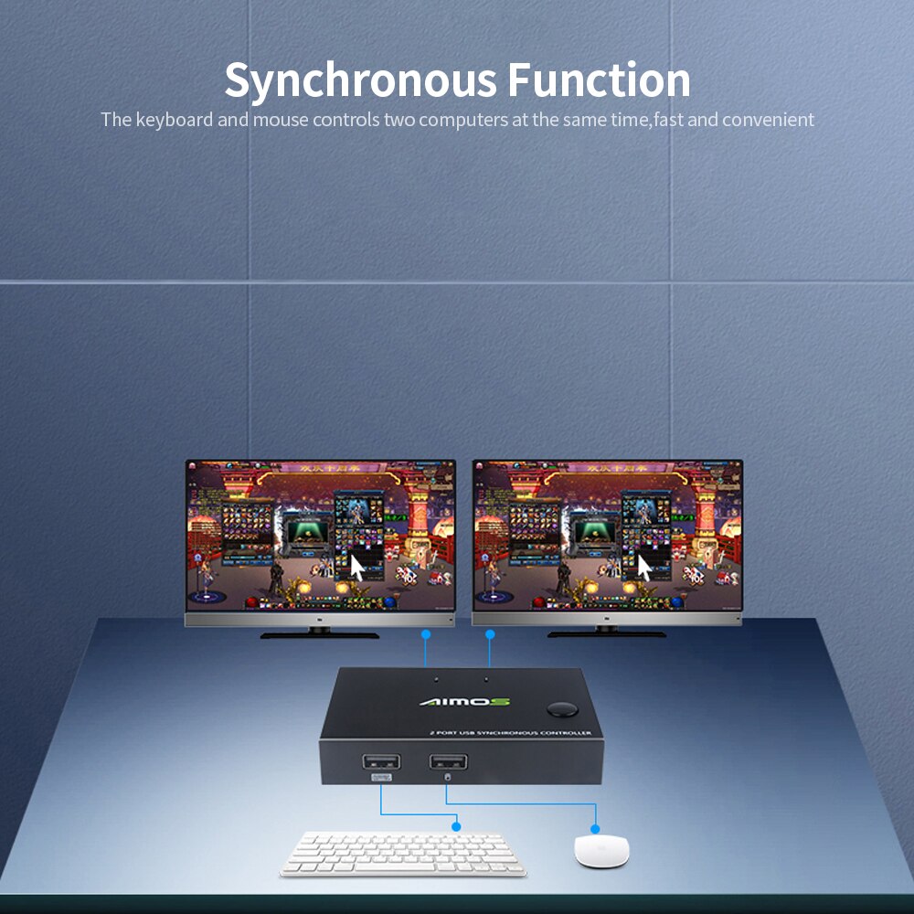 AIMOS AM-KM202 2 Port USB Synchronous Switch Controller Support Keyboard Mouse Input 2 PC Synchronous Control Switch Controller