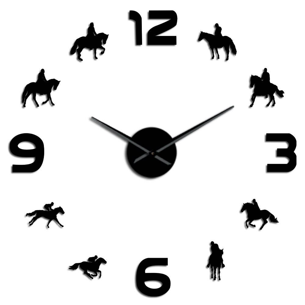 Horse Racing DIY Giant Wall Clock Racehorses Riding Silhouette Wall Art Decor Frameless Mirror