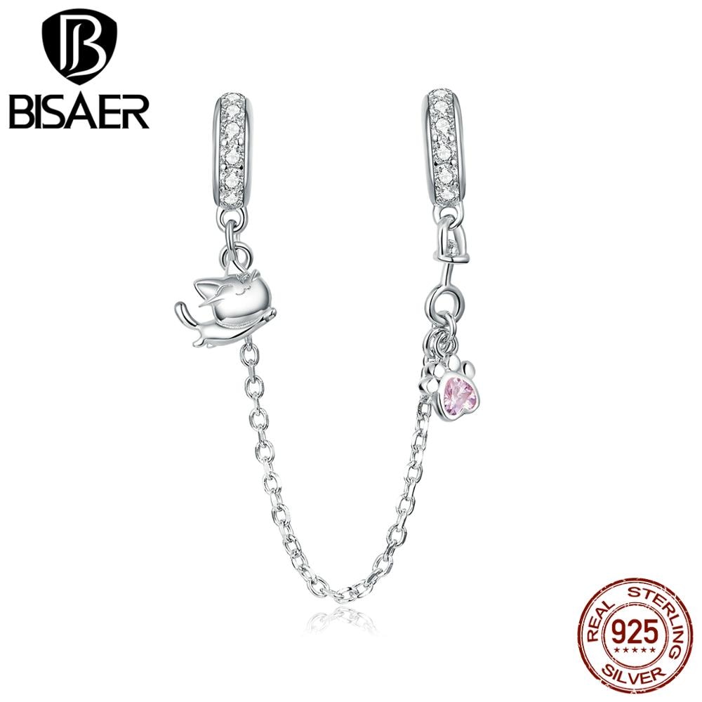 BISAER Pet Cat & Footprint Safety Chain 925 Sterling Silver Stopper Charms for Women Original Silver Bracelet Jewelry EFC243